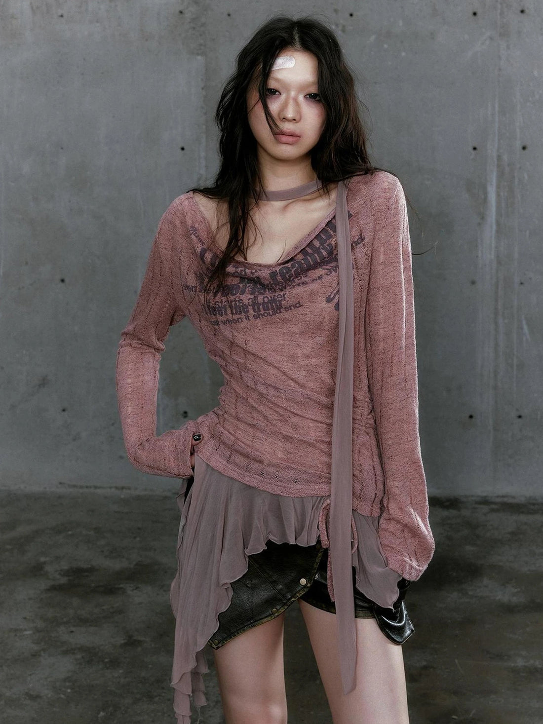 Chinese Clothing Cest Nous Update Deconstructed Draped Graffiti Hollow Knit V-neck T-shirt Long Sleeve Top