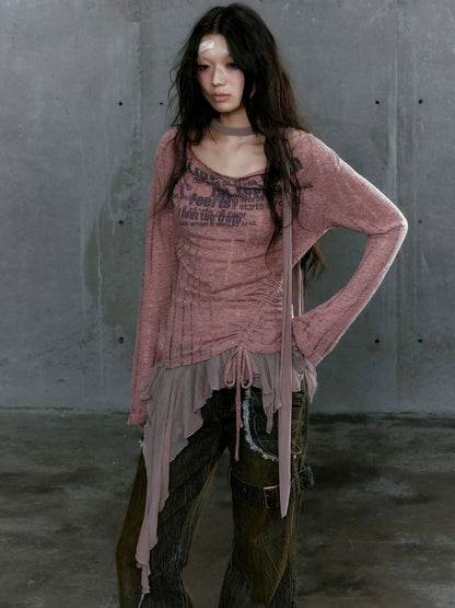 Chinese Clothing Cest Nous Update Deconstructed Draped Graffiti Hollow Knit V-neck T-shirt Long Sleeve Top
