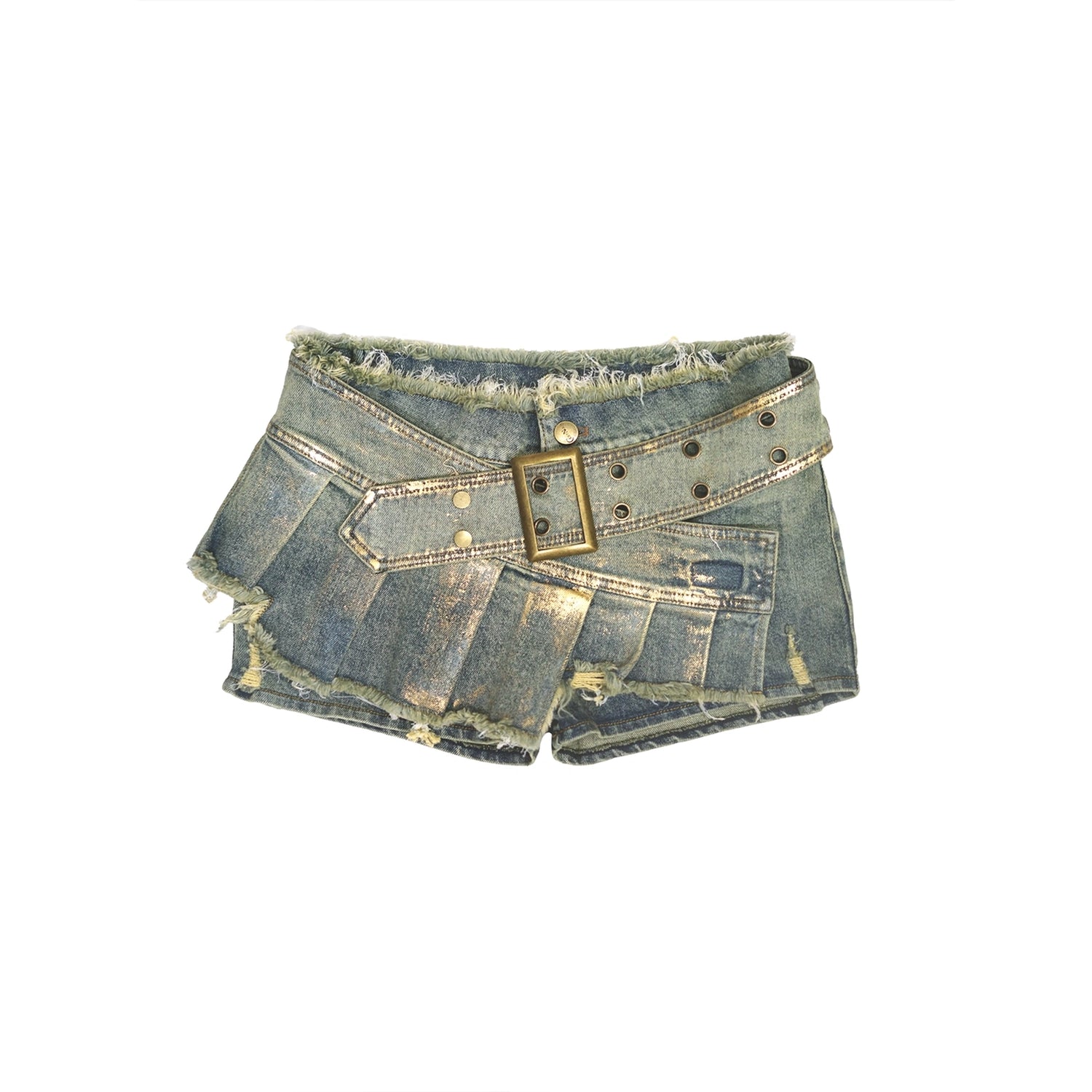Chinese Clothing Cest Nous Update Deconstructed Gold Foil Pleated Denim Skort MISSTT
