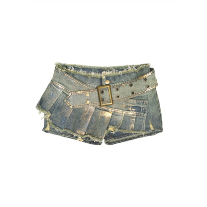 Chinese Clothing Cest Nous Update Deconstructed Gold Foil Pleated Denim Skort MISSTT