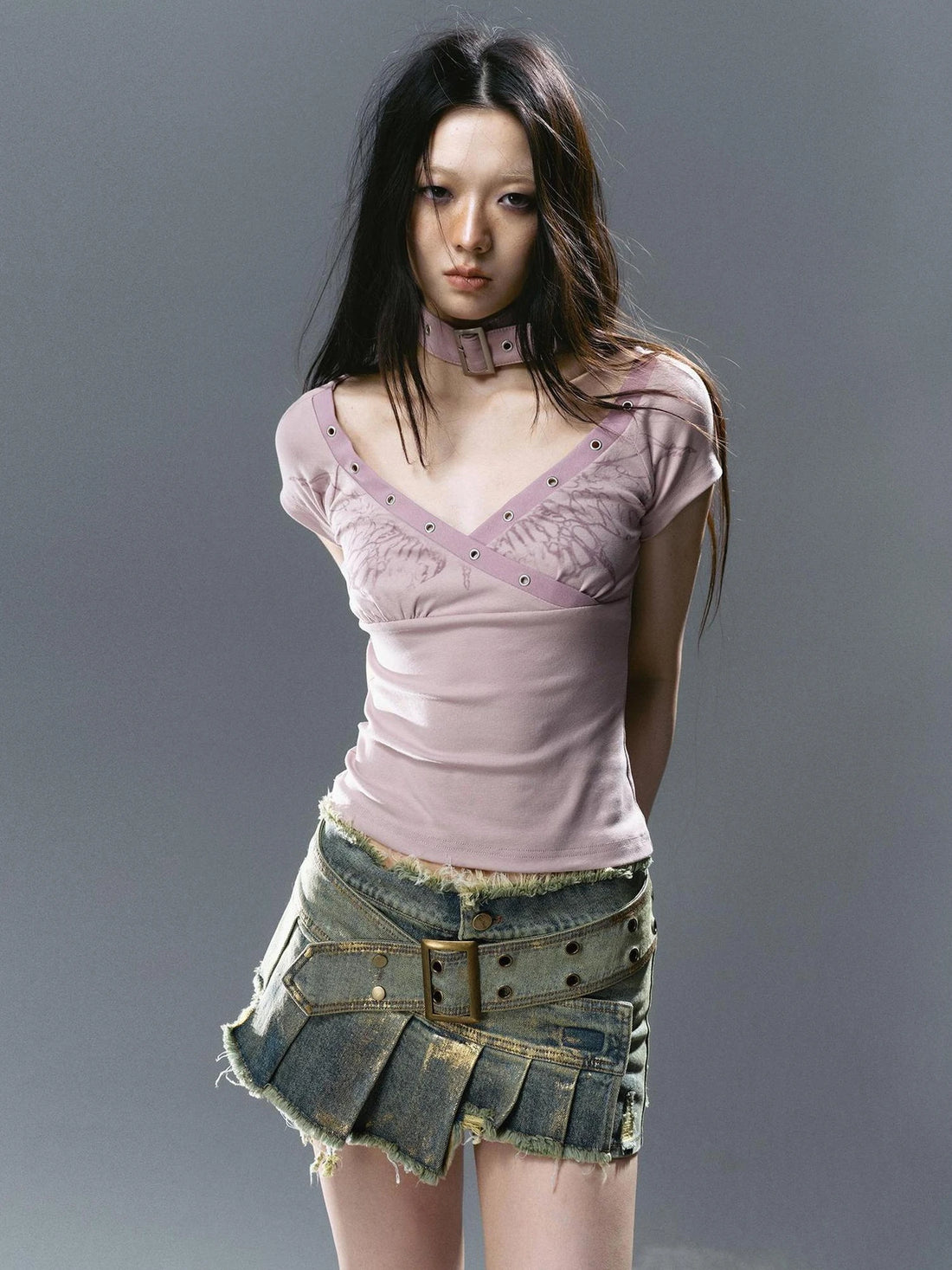 Chinese Clothing Cest Nous Update Deconstructed Gold Foil Pleated Denim Skort