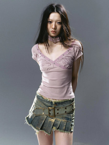 Chinese Clothing Cest Nous Update Deconstructed Gold Foil Pleated Denim Skort