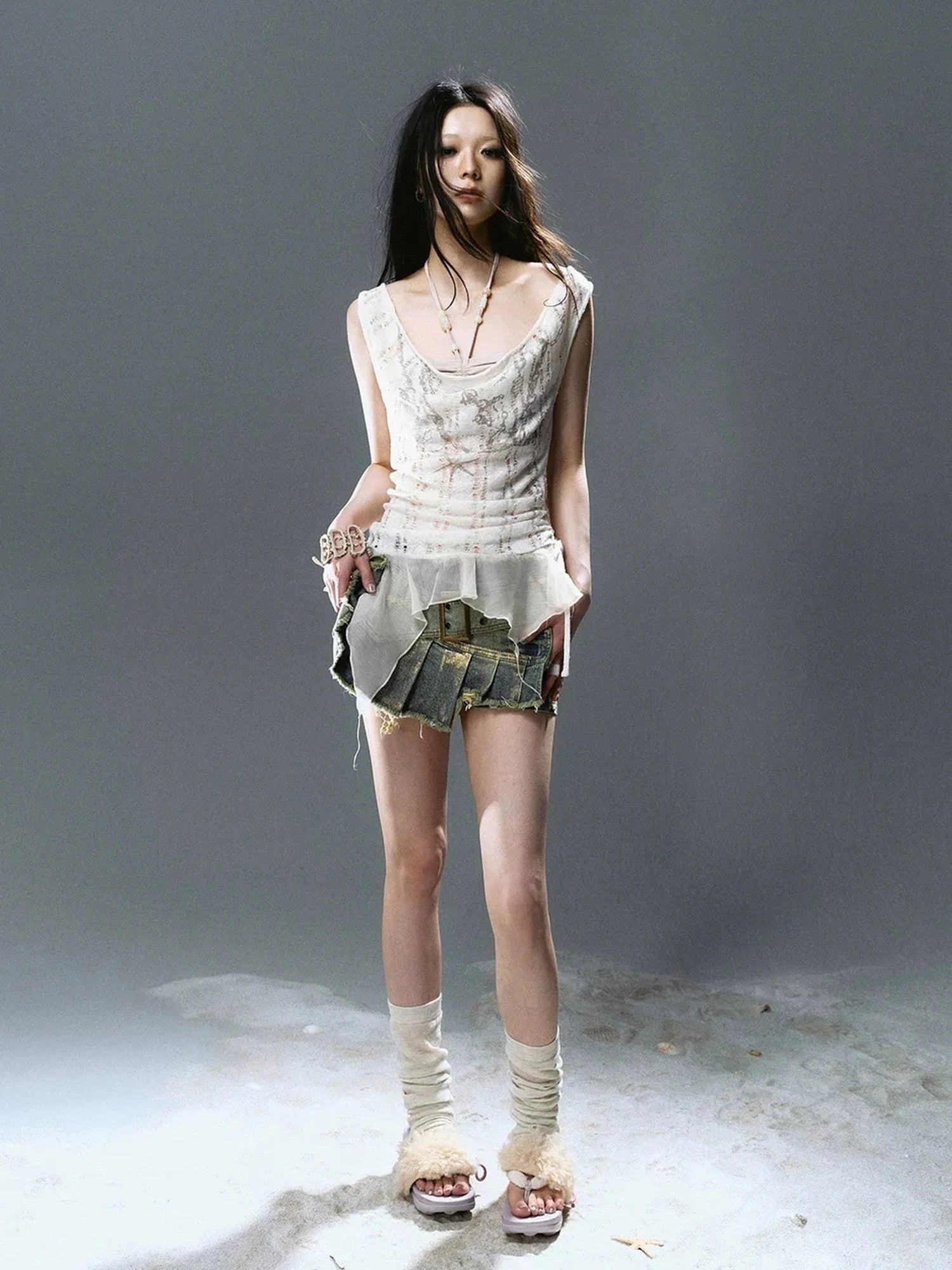 Chinese Clothing Cest Nous Update Deconstructed Gold Foil Pleated Denim Skort