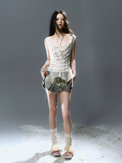 Chinese Clothing Cest Nous Update Deconstructed Gold Foil Pleated Denim Skort