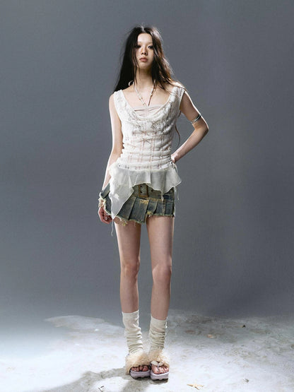 Chinese Clothing Cest Nous Update Deconstructed Gold Foil Pleated Denim Skort