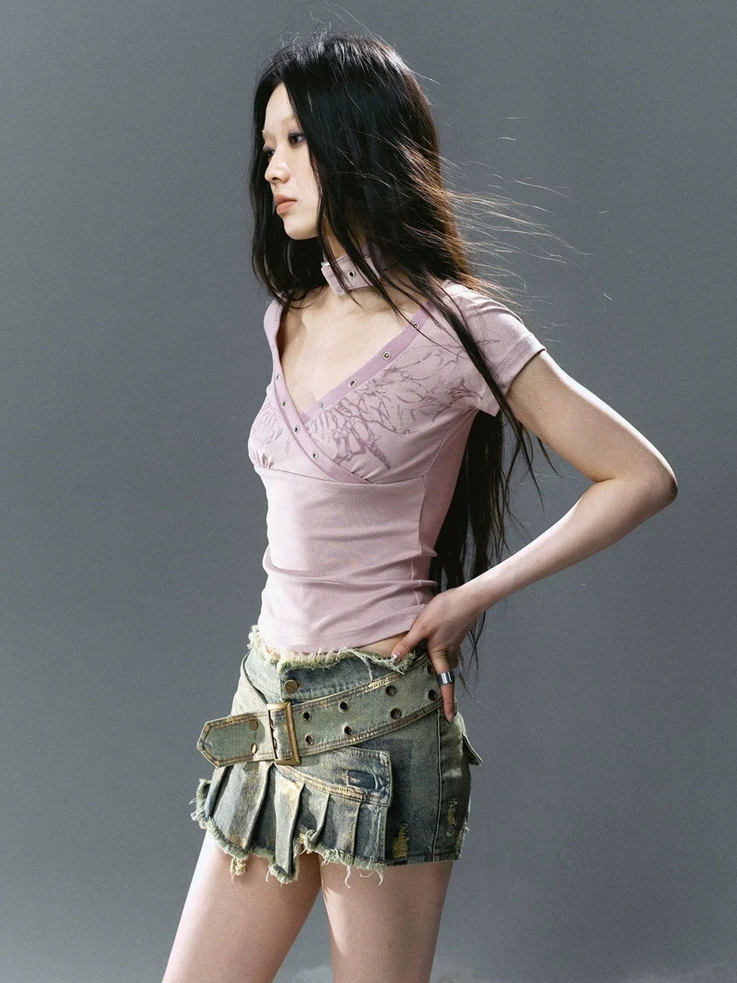 Chinese Clothing Cest Nous Update Deconstructed Gold Foil Pleated Denim Skort