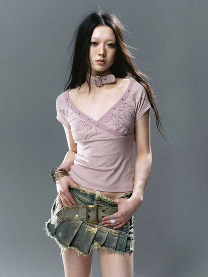 Chinese Clothing Cest Nous Update Deconstructed Gold Foil Pleated Denim Skort