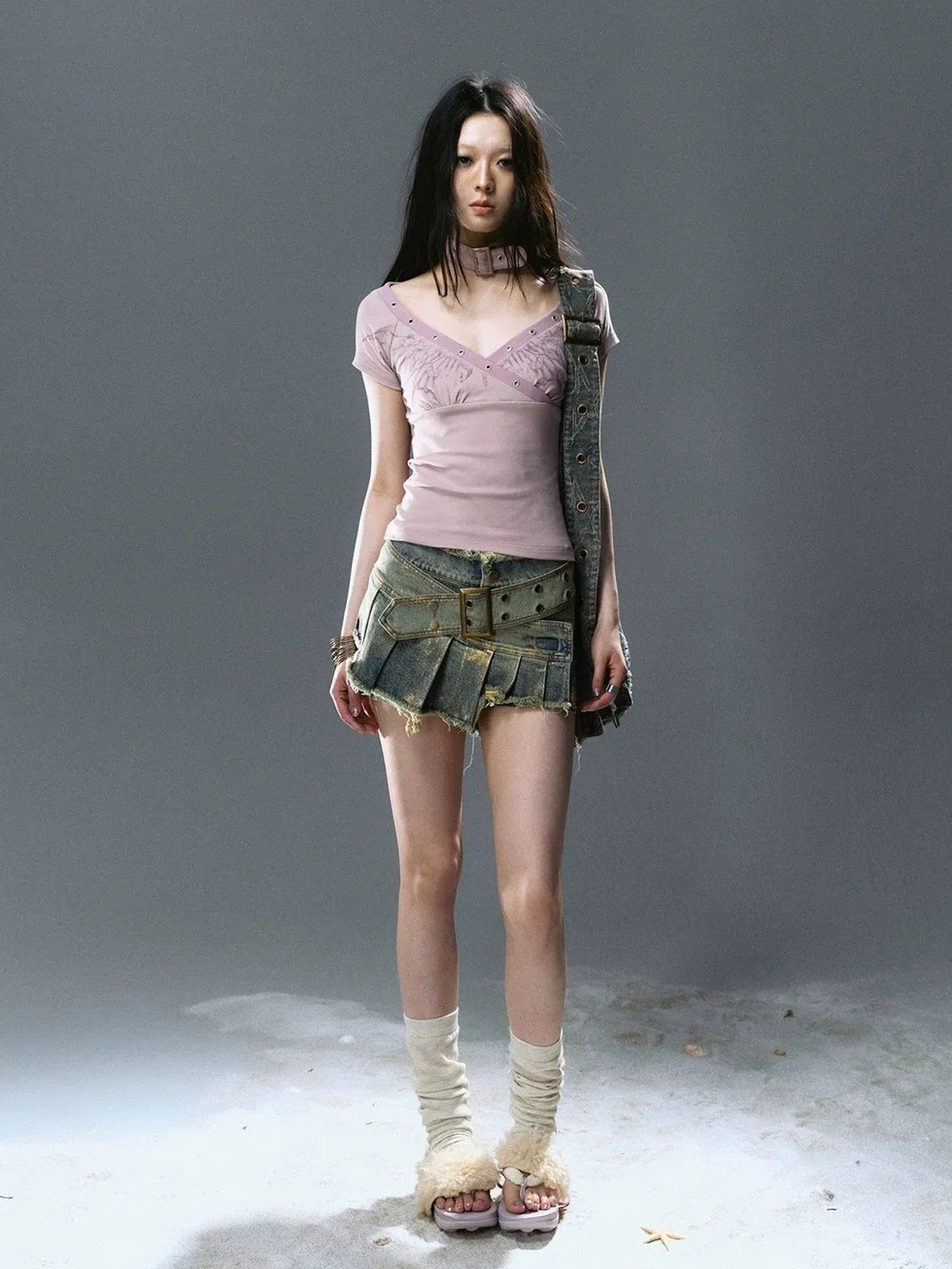 Chinese Clothing Cest Nous Update Deconstructed Gold Foil Pleated Denim Skort