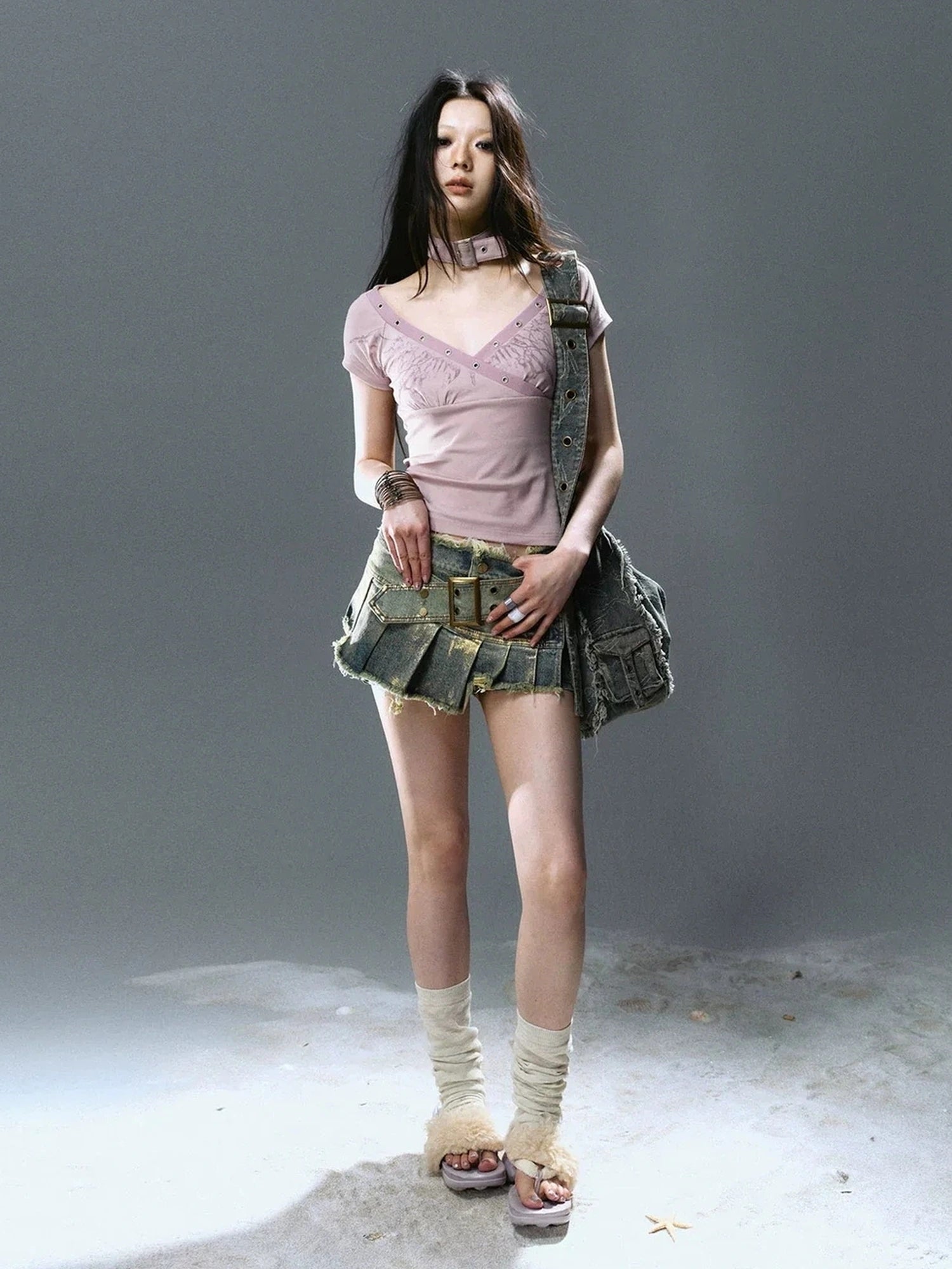 Chinese Clothing Cest Nous Update Deconstructed Gold Foil Pleated Denim Skort