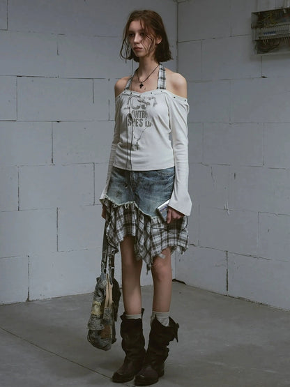 Chinese Clothing Cest Nous Update Deconstructed Plaid Denim Midi Skirt