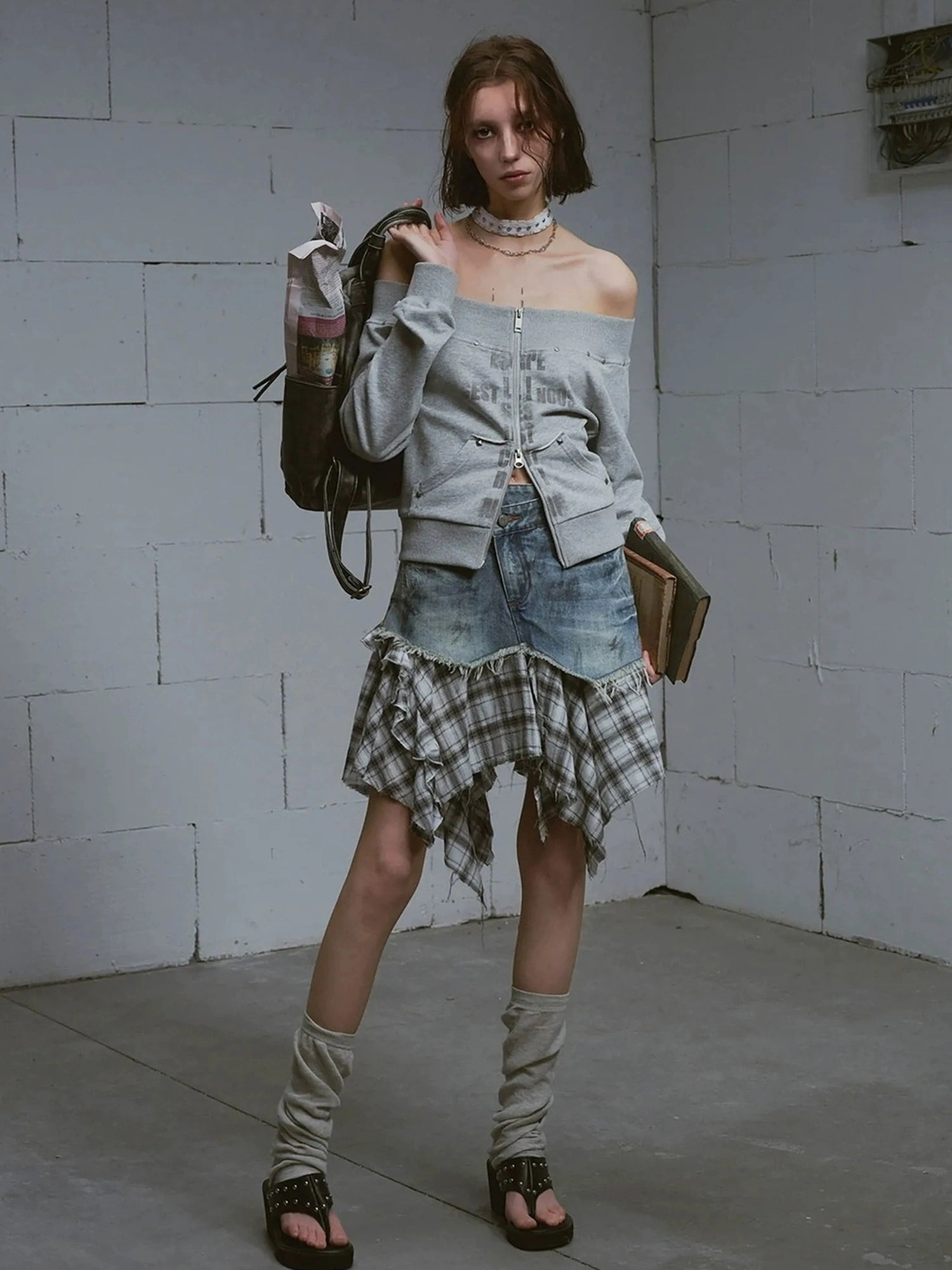 Chinese Clothing Cest Nous Update Deconstructed Plaid Denim Midi Skirt