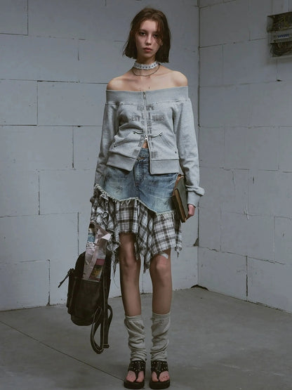 Chinese Clothing Cest Nous Update Deconstructed Plaid Denim Midi Skirt