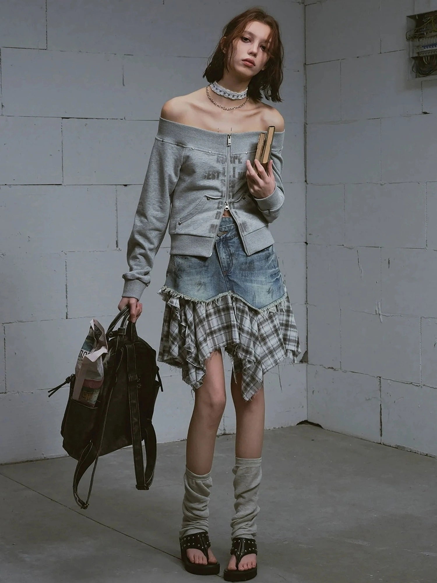 Chinese Clothing Cest Nous Update Deconstructed Plaid Denim Midi Skirt