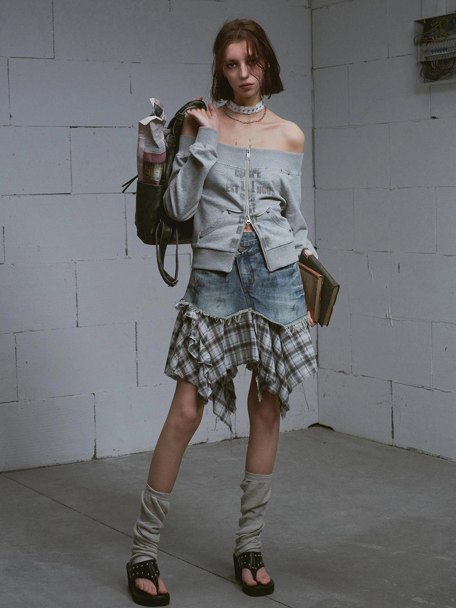 Chinese Clothing Cest Nous Update Deconstructed Plaid Denim Midi Skirt