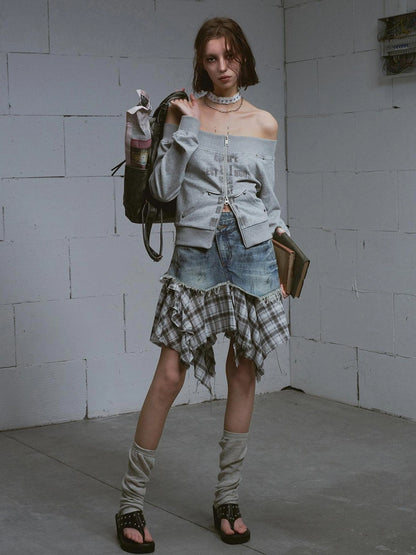 Chinese Clothing Cest Nous Update Deconstructed Plaid Denim Midi Skirt