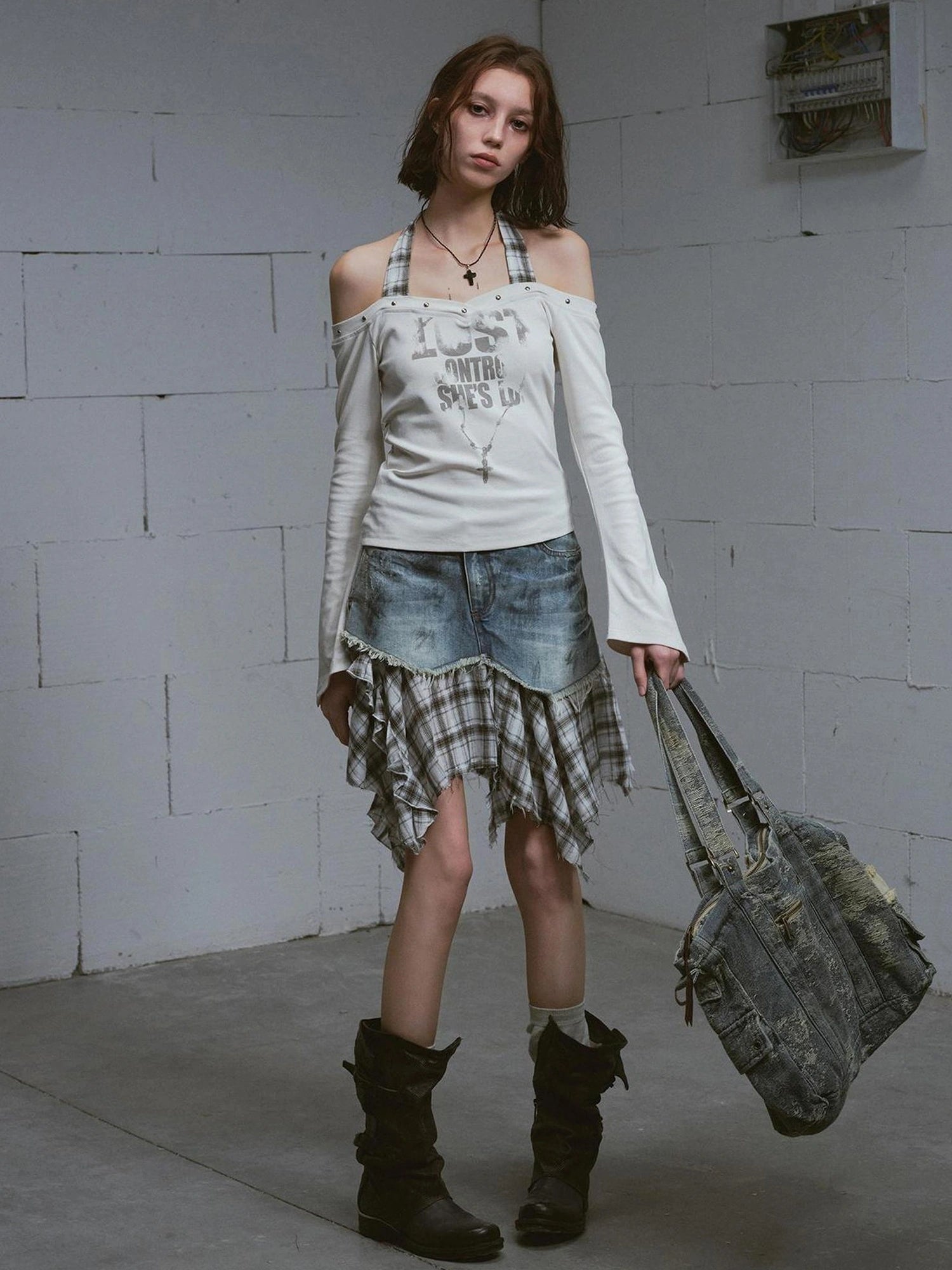 Chinese Clothing Cest Nous Update Deconstructed Plaid Denim Midi Skirt