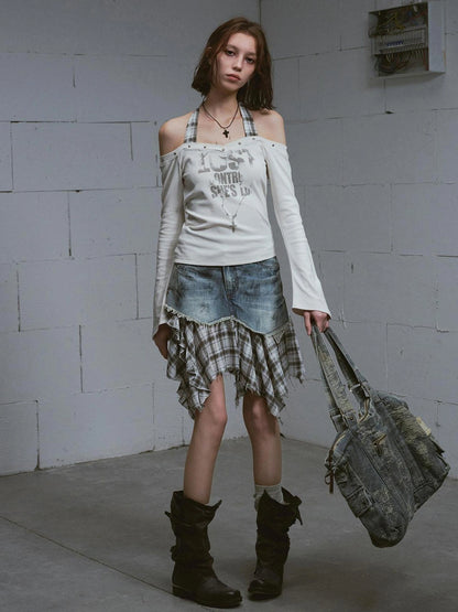 Chinese Clothing Cest Nous Update Deconstructed Plaid Denim Midi Skirt