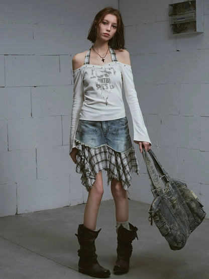 Chinese Clothing Cest Nous Update Deconstructed Plaid Denim Midi Skirt