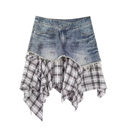 Chinese Clothing Cest Nous Update Deconstructed Plaid Denim Midi Skirt MISSTT