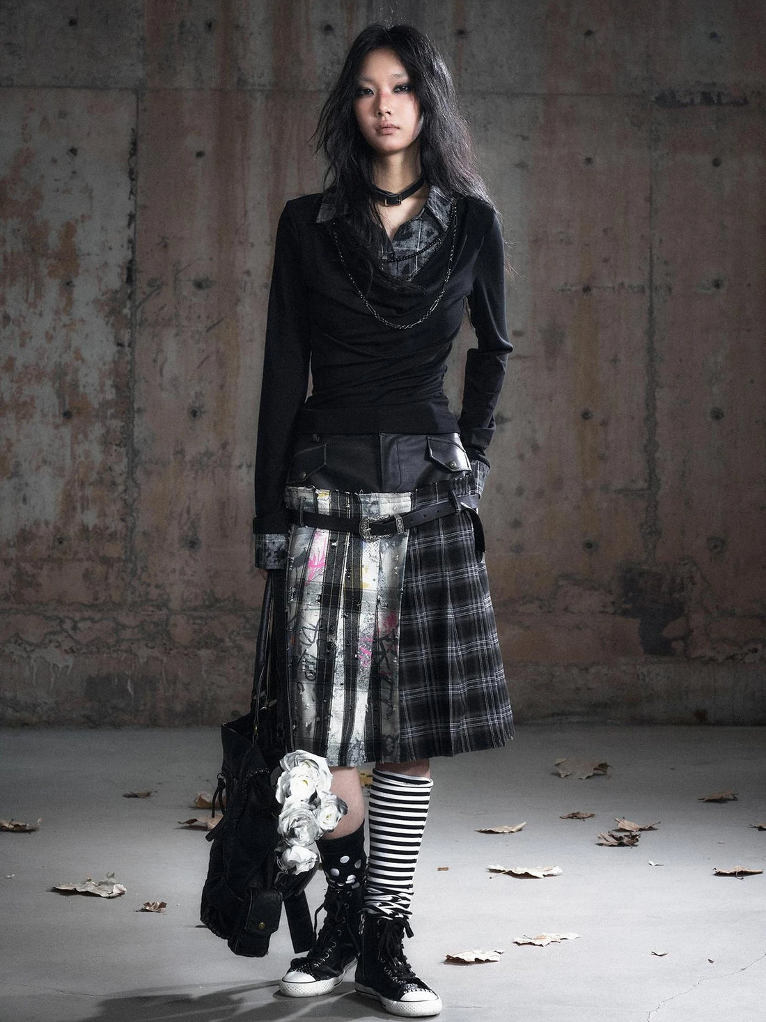 Chinese Clothing Cest Nous Update Deconstructed Plaid Pleated Skirt With Leather Waist