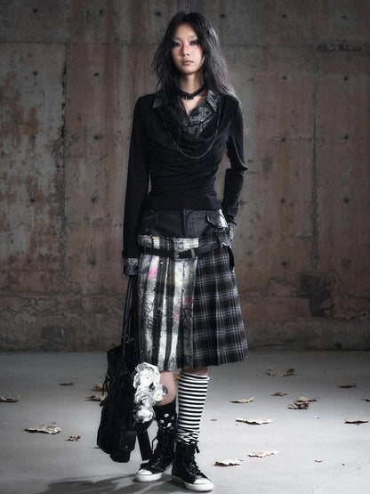 Chinese Clothing Cest Nous Update Deconstructed Plaid Pleated Skirt With Leather Waist