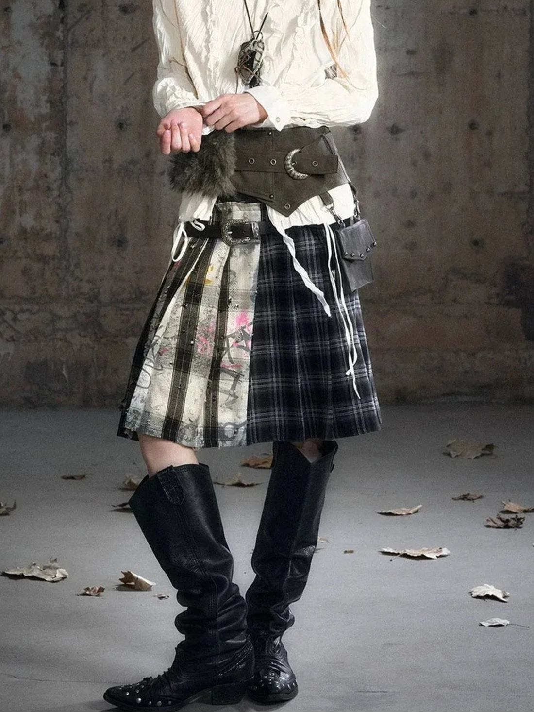 Chinese Clothing Cest Nous Update Deconstructed Plaid Pleated Skirt With Leather Waist