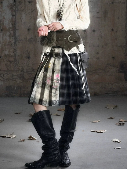 Chinese Clothing Cest Nous Update Deconstructed Plaid Pleated Skirt With Leather Waist