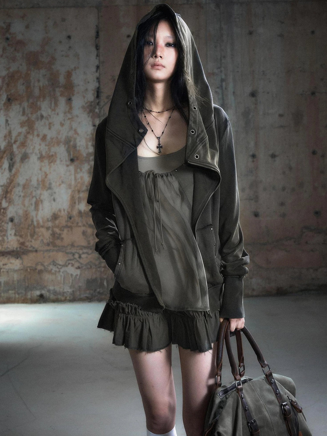 Chinese Clothing Cest Nous Update Deconstructed Washed Olive Asymmetrical Hooded Sweatshirt