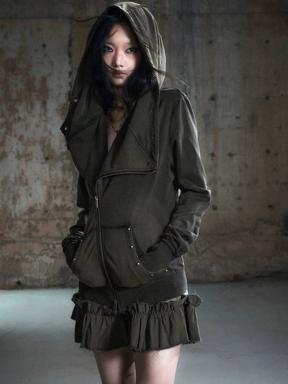 Chinese Clothing Cest Nous Update Deconstructed Washed Olive Asymmetrical Hooded Sweatshirt
