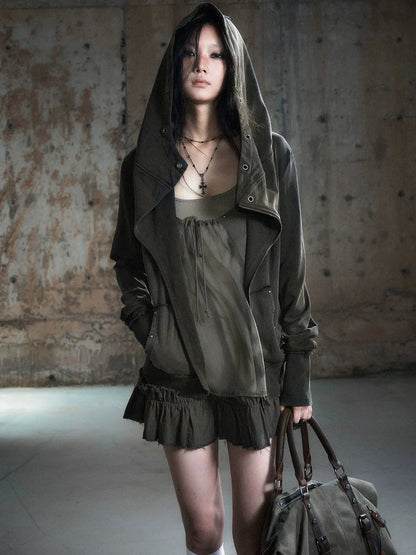 Chinese Clothing Cest Nous Update Deconstructed Washed Olive Asymmetrical Hooded Sweatshirt