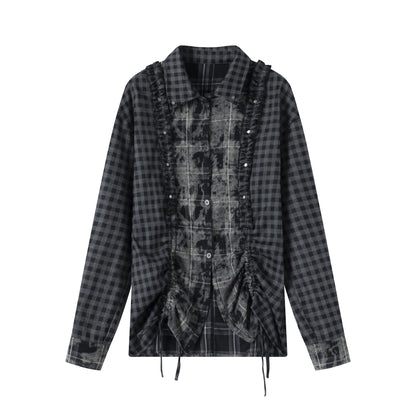 Chinese Clothing Cest Nous Update Distressed Check Shirt With Drawstring Ruffle MISSTT