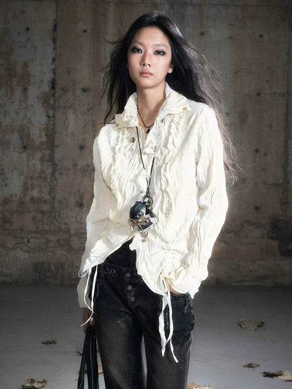 Chinese Clothing Cest Nous Update Distressed Check Shirt With Drawstring Ruffle