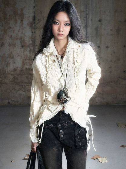 Chinese Clothing Cest Nous Update Distressed Check Shirt With Drawstring Ruffle
