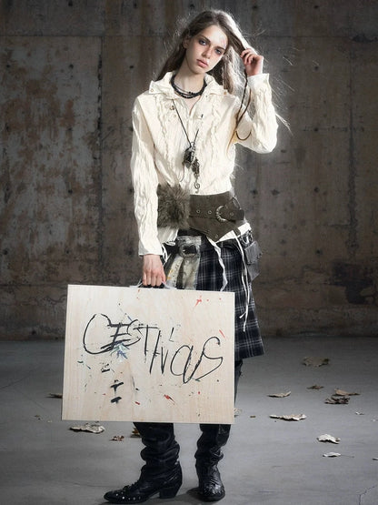 Chinese Clothing Cest Nous Update Distressed Check Shirt With Drawstring Ruffle