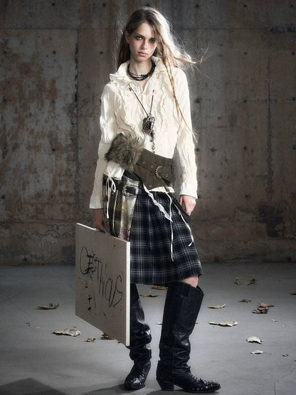 Chinese Clothing Cest Nous Update Distressed Check Shirt With Drawstring Ruffle