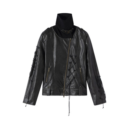 Chinese Clothing Cest Nous Update Distressed Leather Jacket With Knit Cowl Lace Up MISSTT