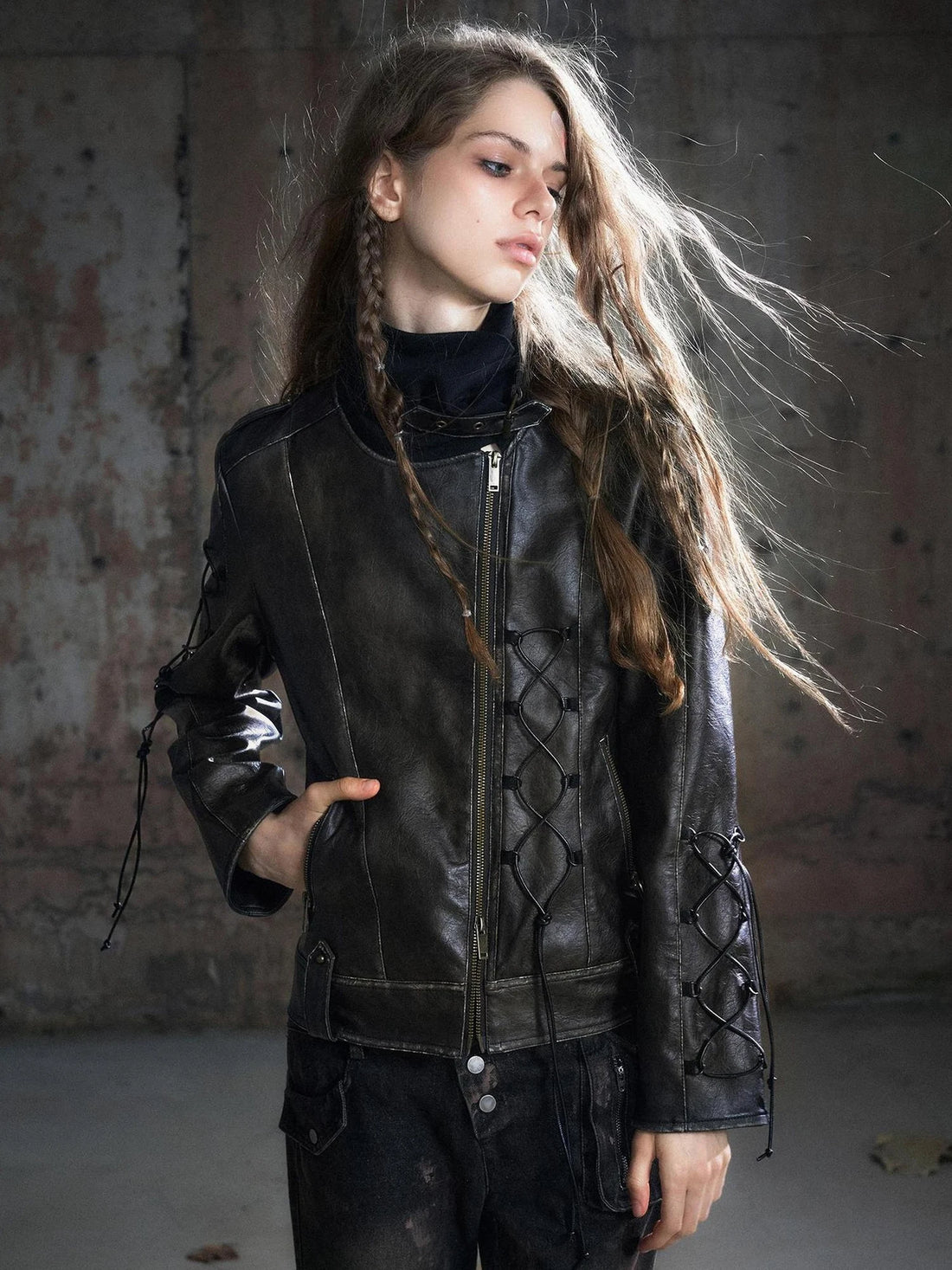 Chinese Clothing Cest Nous Update Distressed Leather Jacket With Knit Cowl Lace Up