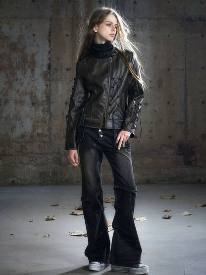 Chinese Clothing Cest Nous Update Distressed Leather Jacket With Knit Cowl Lace Up