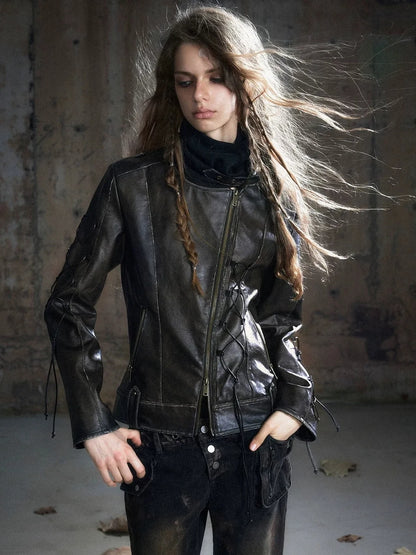 Chinese Clothing Cest Nous Update Distressed Leather Jacket With Knit Cowl Lace Up