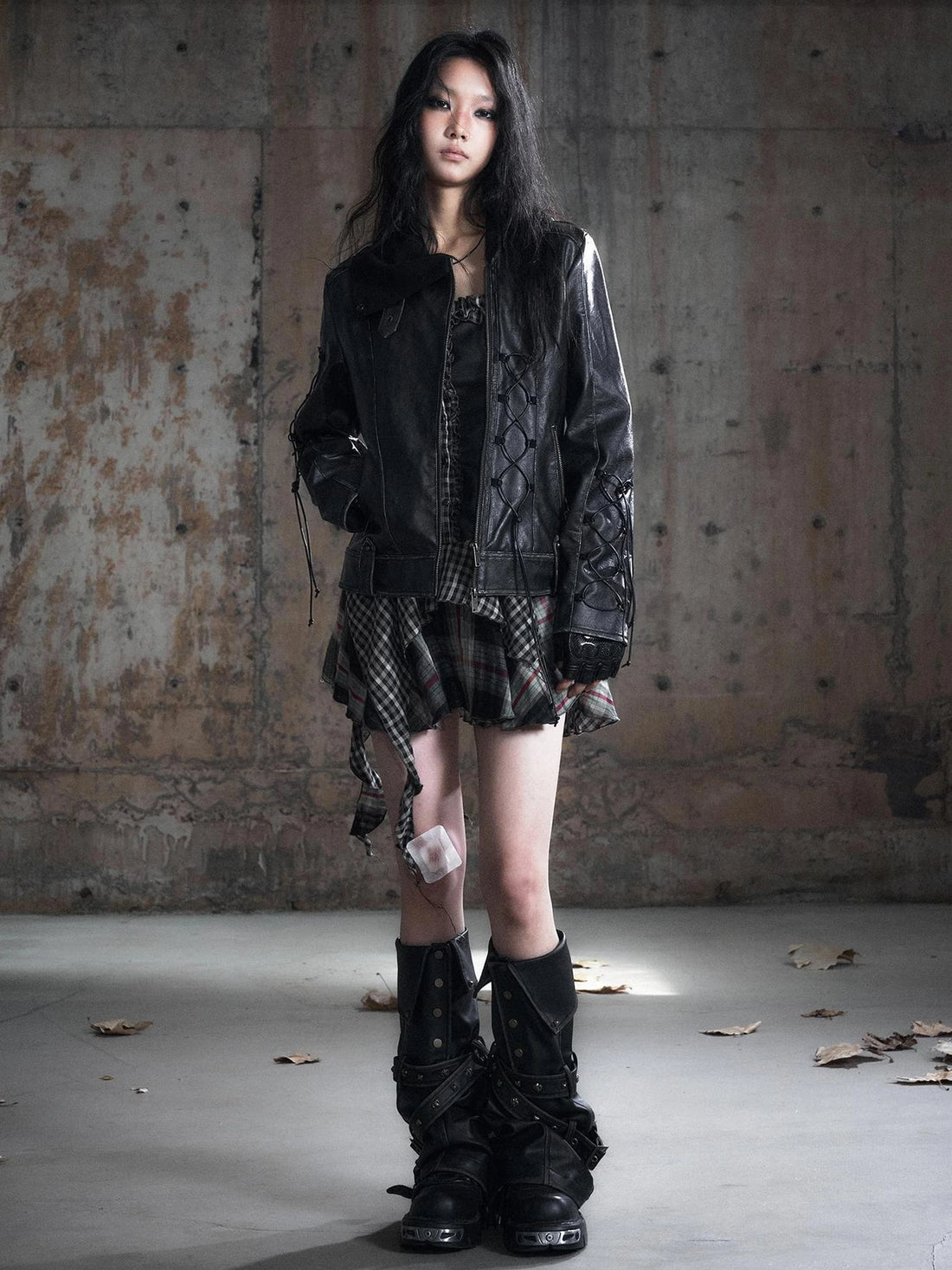 Chinese Clothing Cest Nous Update Distressed Leather Jacket With Knit Cowl Lace Up