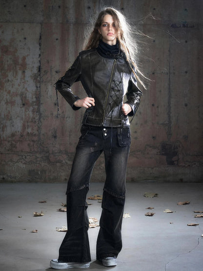 Chinese Clothing Cest Nous Update Distressed Leather Jacket With Knit Cowl Lace Up