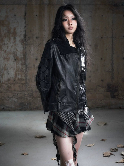 Chinese Clothing Cest Nous Update Distressed Leather Jacket With Knit Cowl Lace Up