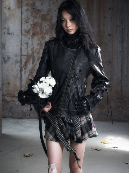 Chinese Clothing Cest Nous Update Distressed Leather Jacket With Knit Cowl Lace Up