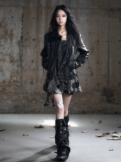 Chinese Clothing Cest Nous Update Distressed Leather Jacket With Knit Cowl Lace Up