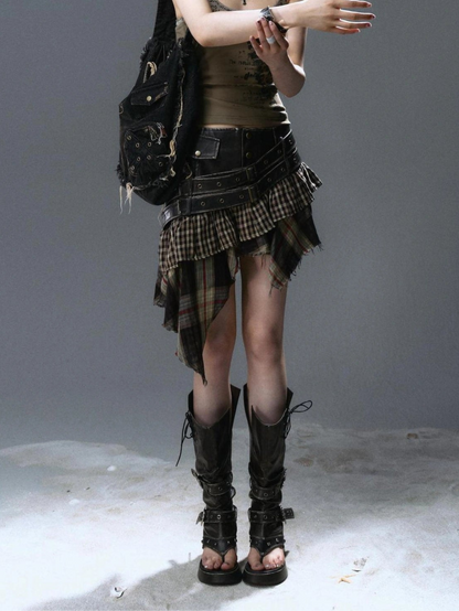 Chinese Clothing Cest Nous Update Distressed Leather Punk Plaid Skirt