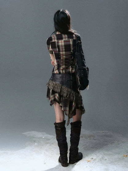 Chinese Clothing Cest Nous Update Distressed Leather Punk Plaid Skirt