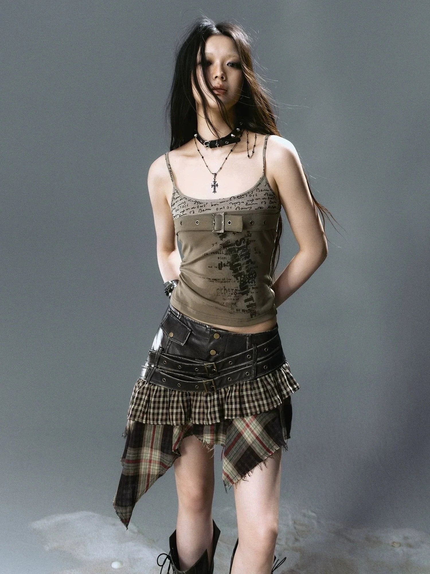 Chinese Clothing Cest Nous Update Distressed Leather Punk Plaid Skirt