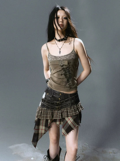 Chinese Clothing Cest Nous Update Distressed Leather Punk Plaid Skirt
