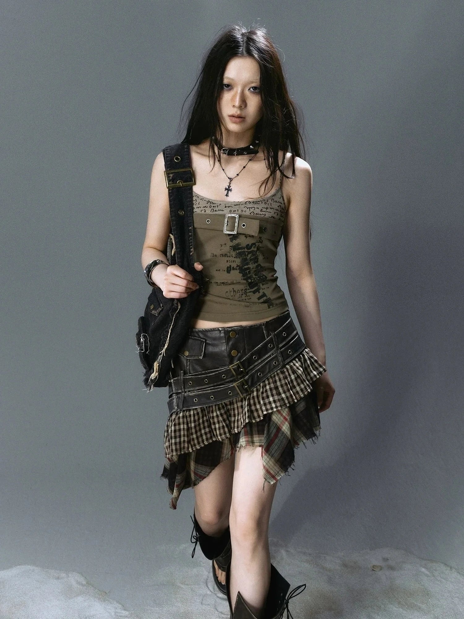 Chinese Clothing Cest Nous Update Distressed Leather Punk Plaid Skirt