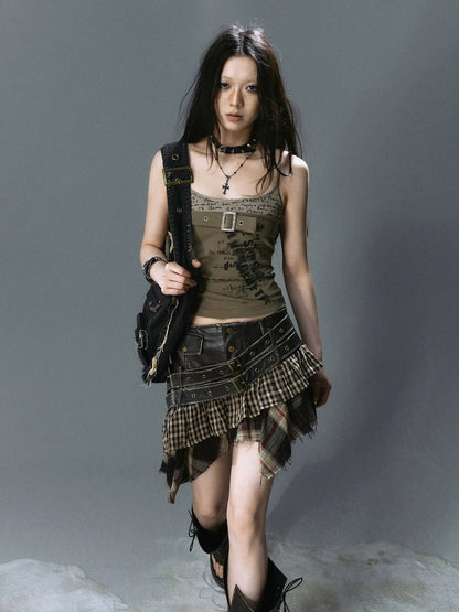 Chinese Clothing Cest Nous Update Distressed Leather Punk Plaid Skirt